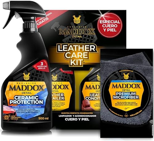 Maddox Detail - Kit De Cuidado Premium Limpieza e Hidratación para Cuero Coche, Protección Cerámica + Toalla Microfibra | Limpieza Y Protección Completa Asientos De Piel y Pintura Coche | 3x500ml