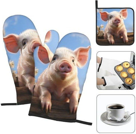 Oven Mitts and Pot Holders 3 pcs Heat Resistant Oven Glove Funny Cute Pig Oven Mitt Non-Slip Oven Gloves for Cooking Kitchen Hot Pads for Grilling Microwave Baking BBQ