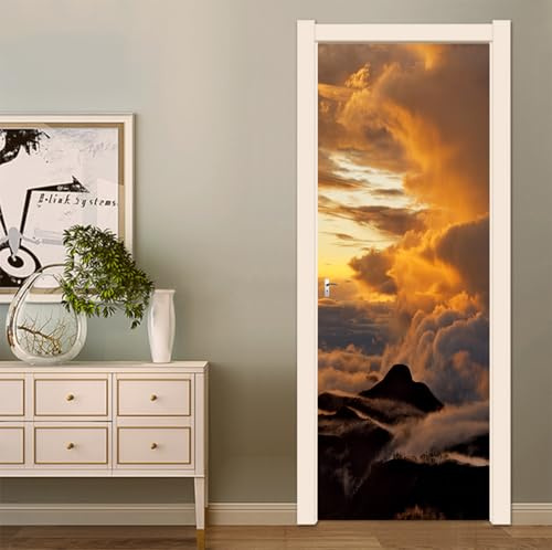 FLFK 3D Türtapete Selbstklebend TürPoster 85X215cm-Oranger Sonnenaufgang auf dem Berg Türaufkleber Abziehen und Aufkleben Mauer Aufkleber Zuhause Dekor(2 Stk/Set)