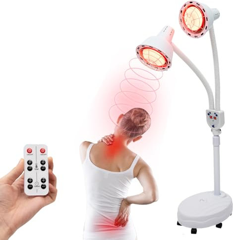 Infrarotlampe, 275W Rotlichtlampe Wärmelampe, Doppelte Köpfe Rotlichtlampe mit Fernbedienung und 6 Rollen, 360° Verstellbarer Schlauch, 0-115℃ Einstellbare Temperatur, Heimgebrauch Infarotlichtlampe