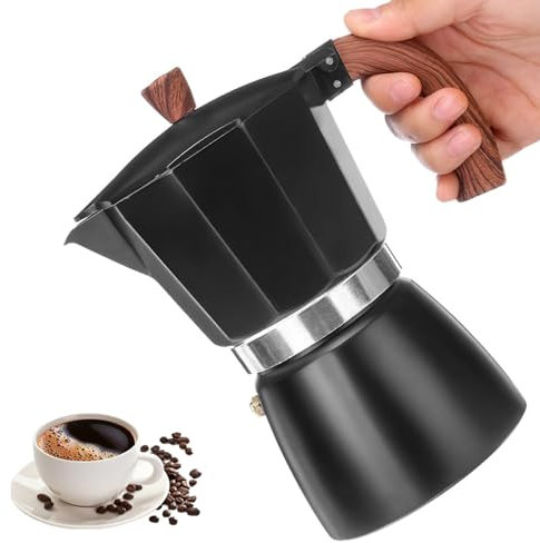 Moka Pot, 300ml(6 Cup) Espresso Maker with Heat-Resistant Wood Wood Grain Handle,Italian Stovetop Coffee Makers Percolator,Easy to Use & Clean, Portable Camping Home Use for Cappuccino Latte Mocha