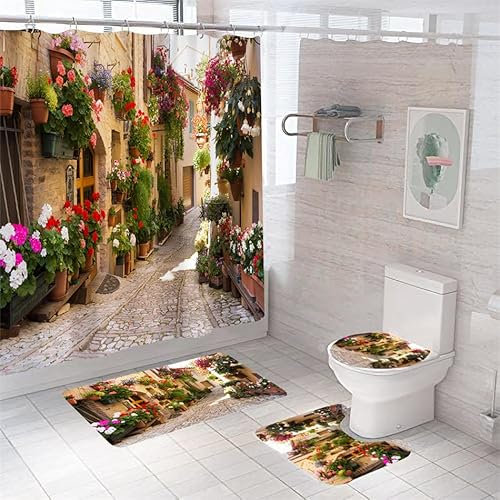 Badezimmerteppich Blumen Badteppich rutschfest Waschbar Badgarnitur 4 Teilig – Badematte Set Mit Wc-Vorleger Und Badematte,Teppich Badezimmer Für Sicherheit Und Komfort Im Bad 45X75Cm