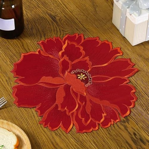 Deckchen für Tische, bestickte Blumen-Tischsets, Blumenuntersetzer, Matte, Hochzeit, Party, Dekoration, Zuhause, Küche, Esstisch, Dekoration, 35 x 35 cm, Rot, 2 Stück