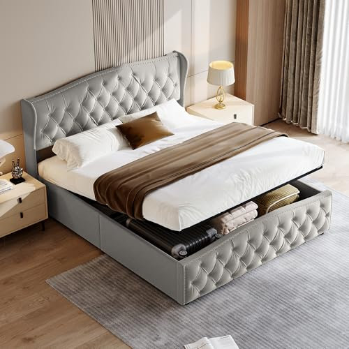 LKPOMI Bett mit Stauraum 160x200 Polsterbett Boxspringbett mit Bettkasten und Lattenrost, Stauraumbett Jugendbett Bettgestell, Samt, ohne Matratze (Grau 2, 160 x 200 cm)