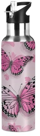 Mexpekil Bouteilles d'eau isothermes en acier inoxydable avec paille et gourde étanche pour enfants et adultes - Motif papillon rose - 600 ml