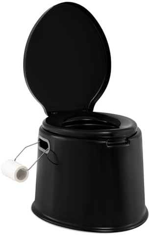 TANGZON Portable Travel Toilet, 5L Lightweight Camping Toilet with Seat, Handle, Lid, Detachable Inner Bucket & Removable Roll Holder, 200KG Emergency Travel Potty Loo for Camping Hiking (Black)