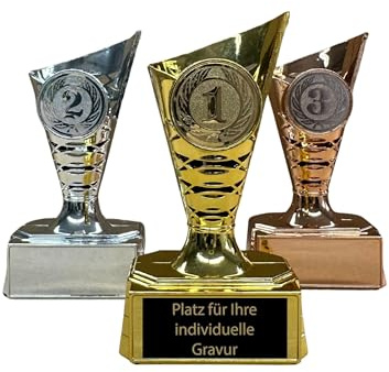 EBERiX POKALE – 3er Pokal-Set 11 cm – Kunststoff Trophäe & Award – Miniatur Gold Silber Bronze – ideal für Kinderturniere & Spieleabende – inkl. individueller Gravur