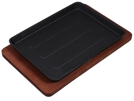 SOIMISS Padella Per Bistecche in Ghisa Quadrata 23,2x17,5 Cm Con Base in Legno, Piastra Resistente Per Grigliare e Cuocere Pesce, Per Cucina Domestica e Cene in Famiglia