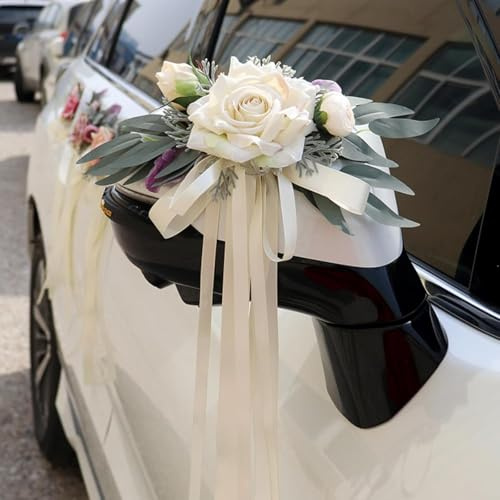Wvu & Wvo 2 Stück Hochzeit Autoschmuck, Hochzeit Autoschleifen, Vintage Hochzeits Künstliche Blume mit Saugnäpfen für Auto Rückspiegel (Milchig Weiß)