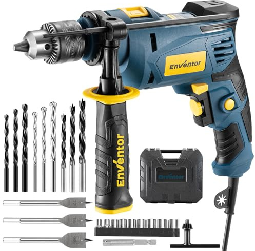 Enventor Hammer Drill, 750W 0-3100RPM Electric Corded, 13mm Chuck | Variable Speed, 2 Functions, 360° Auxiliary Handle, with 24pcs Accessories for Concrete, Iron Plate, Masonry and Wood