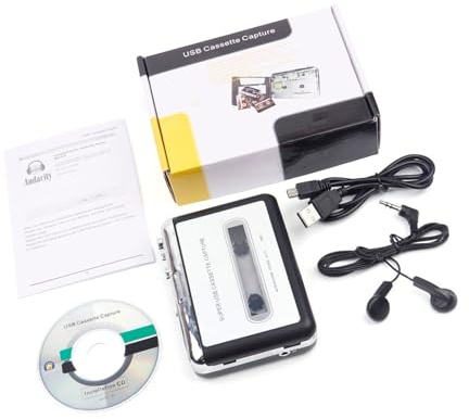 LLINthy Convertidor de casetes USB portátil a MP3 para digitalizar sonido analógico a archivos MP3 sin instalación de software, reproductor de casete USB