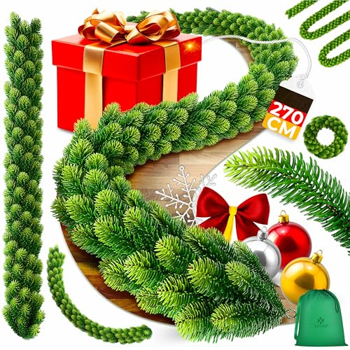 KESSER® Weihnachtsgirlande 2,7m lang | dicht – Naturgetreues Tannengrün - wie echt - IP 44 Outdoor & Indoor Girlande - Treppen, Tür, Balkon, Weihnachtsdeko + Tasche - Dunkelgrün