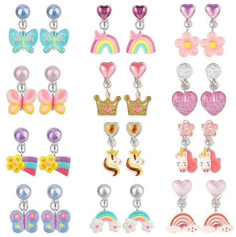 12 Paar Ohrclips Kinder, Kein Loch Brauchen Clip Ohrringe Kinder, Charmantes Design Klipp Ohrringe Mädchen für Alltag Spielen Schule Ball