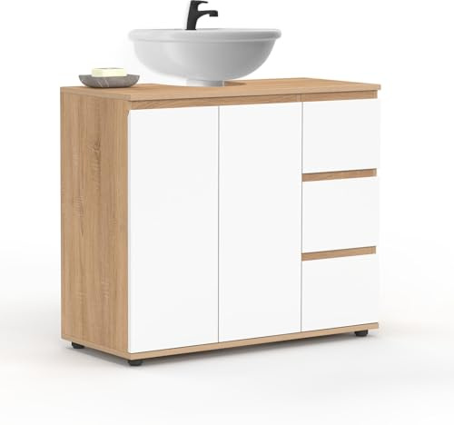 IDMarket - Meuble sous lavabo Salle de Bain TOMI avec Placard et 3 tiroirs façon hêtre et Blanc