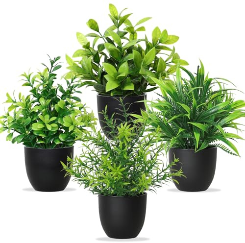 Lot de 4 plantes artificielles avec pot noir - Petites plantes vertes - Décoration d'intérieur - Pour bureau, maison, chambre, salon, salle de bain