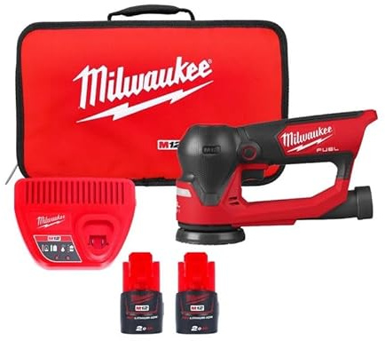 Milwaukee M12FSDR75-202B 12V Fuel Cordless 75mm Random Orbital Sander with 2 x 2.0Ah Batteries, Charger & Tool Bag