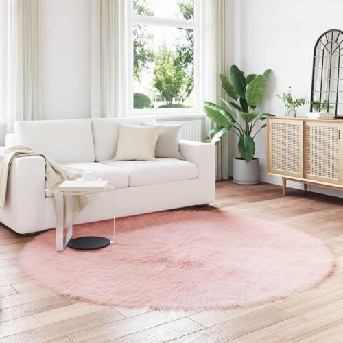 Tonture Tafalla Konstgjord fårskinn, rosa Ø 200 cm rund, mjuk fluffig polyester, område matta, modern vardagsrumsdekoration, sovrum golvbeläggning, mysigt golvskydd för inomhusbruk