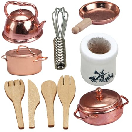FUNOMOCYA Set Utensili da Cucina in Miniatura 10 Pezzi in Lega, Accessori per Mini Case e Decorazione Micro-paesaggistica, Giocattolo di Finzione per Case delle Bambole