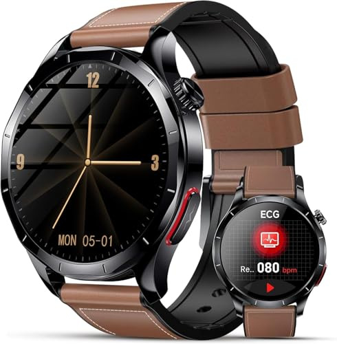 Lgnitek 2026 Neu Smartwatch Herren mit EKG/HRV/BMI/Harnsäure, 1,43 AMOLED Gesundheitsuhr mit 24H Blutdruck SpO2 Schlafmonitor SOS-Notruf Fitnessuhr Android/iOS (Braunes Leder)
