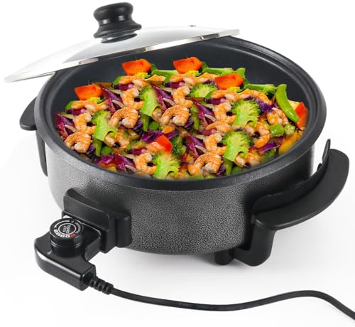 SUPERLEX Electric Frying Pan with Tempered Glass Lid, Non-Stick Coating, 42cm, 1500W Electric Skillet Detachable Thermostat Temperature Control, Steel Base, 7cm Depth