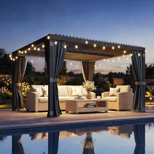 AVAWING Lamellen-Pergola 3x3m verstellbares Dach, Vorhänge & Netze, Schwarz | Terrassenüberdachung aus Aluminium und Stahl, wasserdicht, für Terrasse, Garten, Balkon