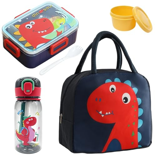 CYGMRFH Dinosaur Themed Lunch Box Set, Bento Box with Insulated Lunch Bag and 600ml Water Bottle, Leak-Proof Compartment Thermal Food Container for School, Picnic, Kids Gift 3 pcs