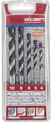 ALPEN Bohrer Set Profi Beton 5-teilig (ø 4-10 mm, DIN ISO 5468, zum Schlagbohren in Beton, Mauerwerk und Naturstein) 22700222100
