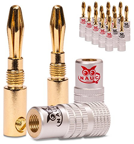 NAUC Bananenstecker für Lautsprecherkabel - 16 Stück Stecker als Set - Steckverbinder 24K vergoldet schraubbar - für HiFi Receiver Verstärker