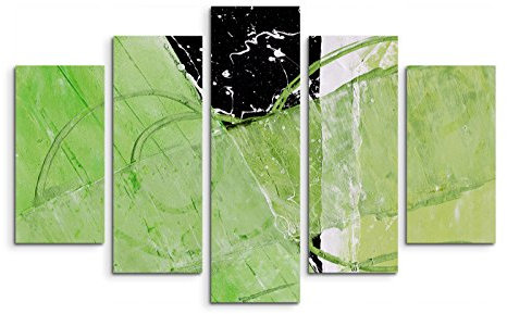 Paul Sinus Art 5 teiliges Wandbild auf Leinwand (Gesamt: H: 100cm B: 160cm) Keilrahmenbild Canvas Fotodruck Leinwandbild Leinwanddruck Kunstdruck Wandbild grün schwarz weiß Schlieren