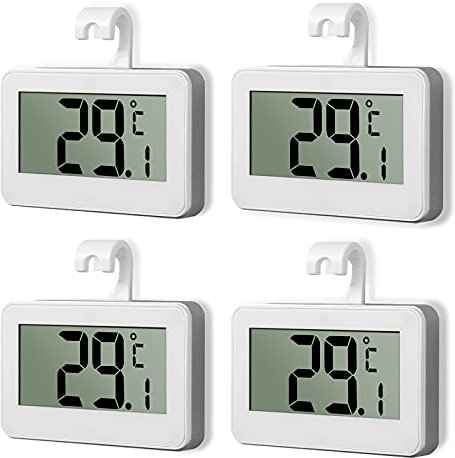 Kühlschrank Thermometer, CAMWAY 4 PCS Digitale Gefrierschrank Thermometer Magnetisch, Zimmer Kühlschrankthermometer LCD Anzeige, wasserdicht Zimmerthermometer mit Haken Frostalarmfunktion