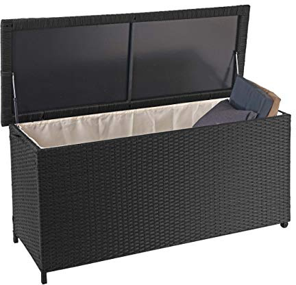 Mendler Poly-Rattan Kissenbox HWC-D88 63x135x52cm 320l - schwarz | Gartentruhe, Auflagenbox, Truhe, Premium