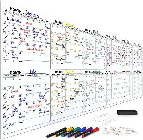 Scribbledo Calendrier annuel géant effaçable à sec 254 x 91,4 cm 12 mois Calendrier mural réutilisable Comprend 4 marqueurs 1 gomme et ruban de fixation