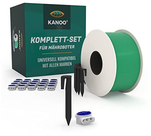 Mähroboter Begrenzungskabel Set – Kabel + Erdnägel + Kabelverbinder + Anschlussklemmen – Komplettset für alle Marken – Rasenroboter Installationsset zur Erstverlegung