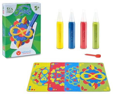 Sabbiarelli Sand-it For Fun - Kit Mandala Infinity, Kreativt Sand Art-Set för Barn 5+: 4 Pennor med Färgad Sand och 4 Självhäftande A6-Blad med 4 Mandalamotiv, Pyssel, Presentidé