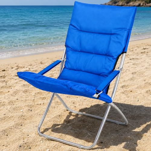 BAKAJI Klappbarer Strandstuhl, tragbar, zusammenklappbar, Gestell aus Aluminiumrohr, Bezug aus Oxford-Gewebe, für Strand, Meer, Camping, Blau