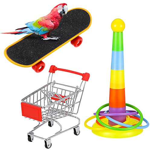 atnight Papagei Spielzeug Training Aktivitäten Set, 3 PCS Parrot Intelligence Spielzeug Mini Shopping Trolley Skateboard Trainingsringe Lustiges Vogelspielzeug für Wellensittich Sittich Nymphensittich