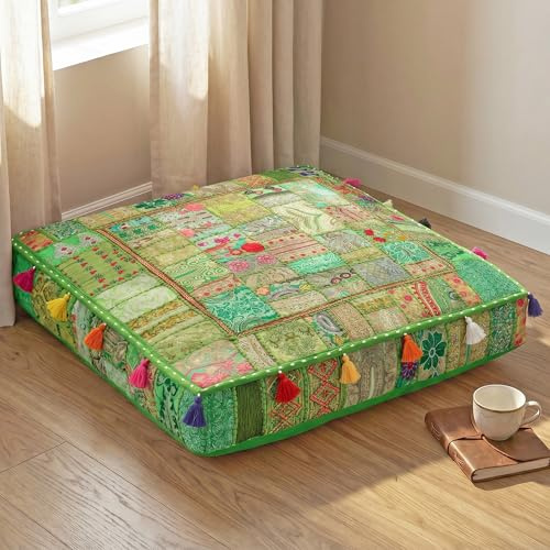 THE ART BOX Cotton Patchwork Vintage Boho Embroidered Floor Pillows & Cushion Cover Green Pouf Seating Pouf Meditation Pillow Pet Bedding Bed Boho Home Décor (35x35 Inches, Cover Only)