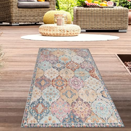 CARPETIA In- & Outdoor Teppich Vintage Ornamente Mehrfarbig 80x300 cm | Pflegeleicht, UV-beständig, formstabil und saugrobotergeeignet, OEKO-TEX geprüft, für Balkon, Küche & Wohnräume