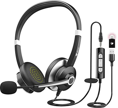 Earbay USB Headset With Microphone For Laptop, PC Headphones With Mic Noise Cancelling, Computer Headsets With In-Line Volume Control & Mute, Compatible with Ms teams, Zoom, Webex, Office, Home