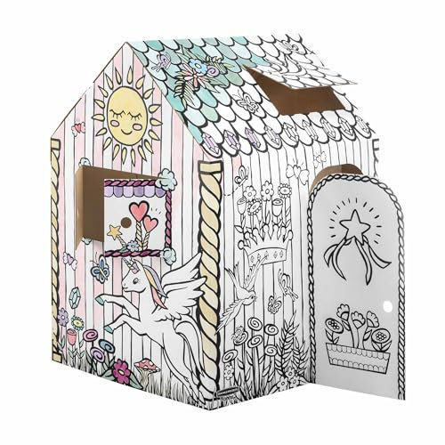 BANKERS BOX Unicorn Cardboard Playhouse for Kids XXL (81.3 x 96.5 x 121.3cm) – Colour-In Cardboard Den, Doll House & Unicorn Toy – FSC Certified & Recyclable Arts & Crafts Fun – Ages 3+