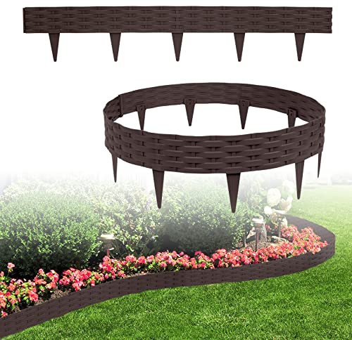 LARS360 20 m Rasenkante mit 20 Elemente á 100 cm Biegbarer Kunststoff in Rattan Design Beeteinfassung Beetumrandung Rasenkante Gartenpalisade Beetzaun Palisaden (20 Stück, Braun)