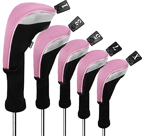 Andux Set di 5 coperture per mazze da golf da 460 cc, per mazze da golf fairway, collo lungo, nero/rosa