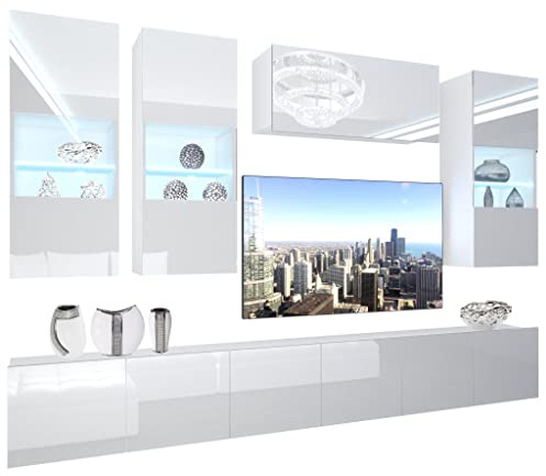 BELINI - Unité Murale TV NEX I Ensemble Muebles de Salon Complet I Ensemble Meuble TV avec Illumination LED I Dimensions: 300 x 180 x 36 cm I Coleur: Blanc très Brillant