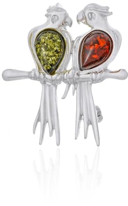 AMBEDORA Broche en Argent Pour Femme, Perroquets avec Ambre, Argent Sterling Poli, Ambre Baltique en Deux Couleurs