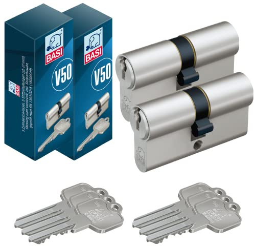 BASI Juego de 2 cilindros dobles V50, 45/50 mm, cierre uniforme, cilindro perfilado, cilindro para puerta de entrada de casa, cerradura de cilindro con 3 llaves