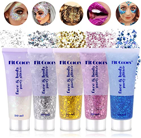 Vegena 5-flaskor Glitter Gel, Fint Glitter för Ansikte, Hår, Läppar, Naglar - Festival Party Makeup (Vit + Silver + Guld + Rosa + Blå)