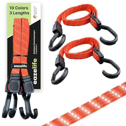2er Set Gummispanngurt, verstellbar, Breitband Expander mit Metallhaken, Stark Belastbar, für Auto, Fahrrad und Outdoor-Aktivitäten (10 Farben 3 Längen) (Signal, 120 cm)