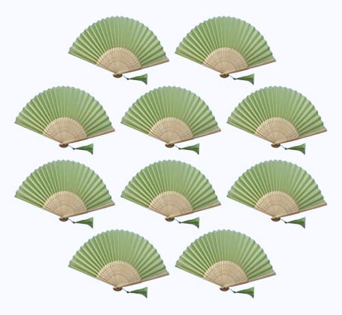 FANSOF.FANS Pack of 10 Fabric Fan with a Tassel Grade A Bamboo Ribs Party Favour Handheld Fan (Light Sage Green)