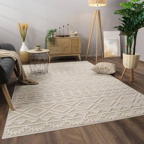 Paco Home Teppich Wohnzimmer Schlafzimmer Kurzflor Skandinavisches Boho Muster Geometrische Optik Einfarbig Moderne Deko, Grösse:80x150 cm, Farbe:Creme 2