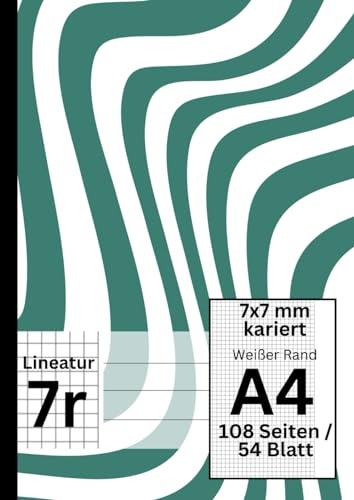 XXL Schulheft - 108 Seiten / 54 Blatt, 7x7 mm kariert, weißer breiter Rand, A4, Lineatur 7r: Geeignet als Matheheft, Schreibheft, Übungsheft - Grünes Linien Design